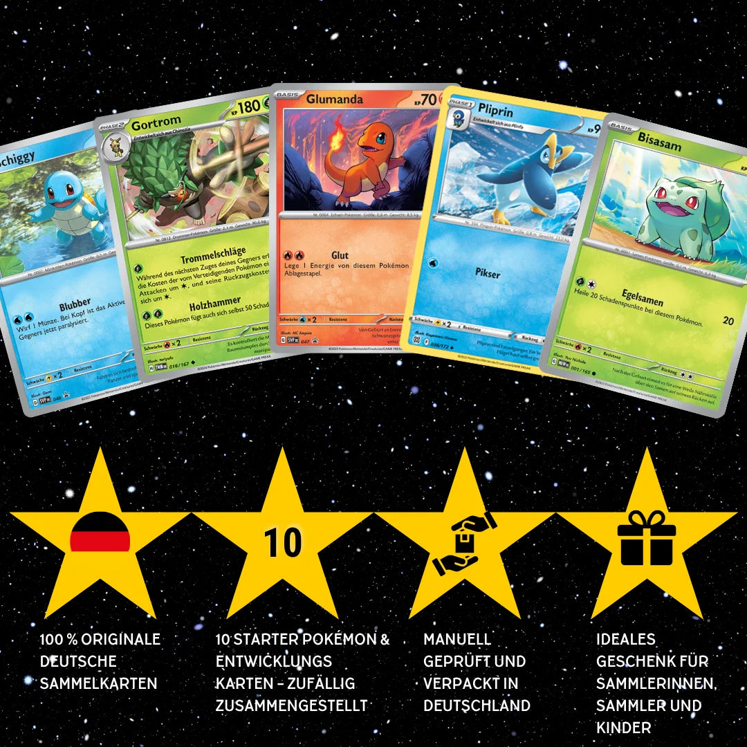 Pokémon Karten Set Deutsch – 10 Karten Starter Pokémon & Entwicklungen – Zufällig zusammengestellt