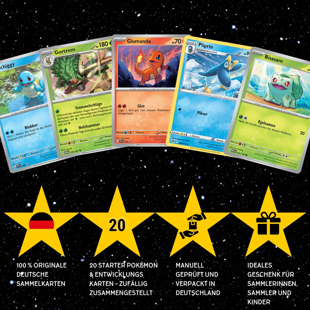 Pokémon Card Set German – 20 Starter Pokémon & Evolutions Cards – Randomly Assembled