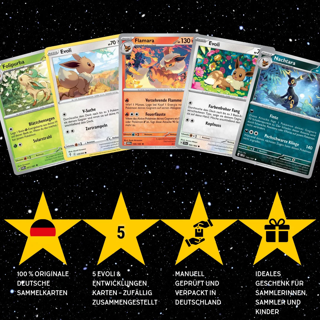 Pokémon Card Set German – 5 Eevee/Eevee & Evolutions Cards – Randomly Assembled