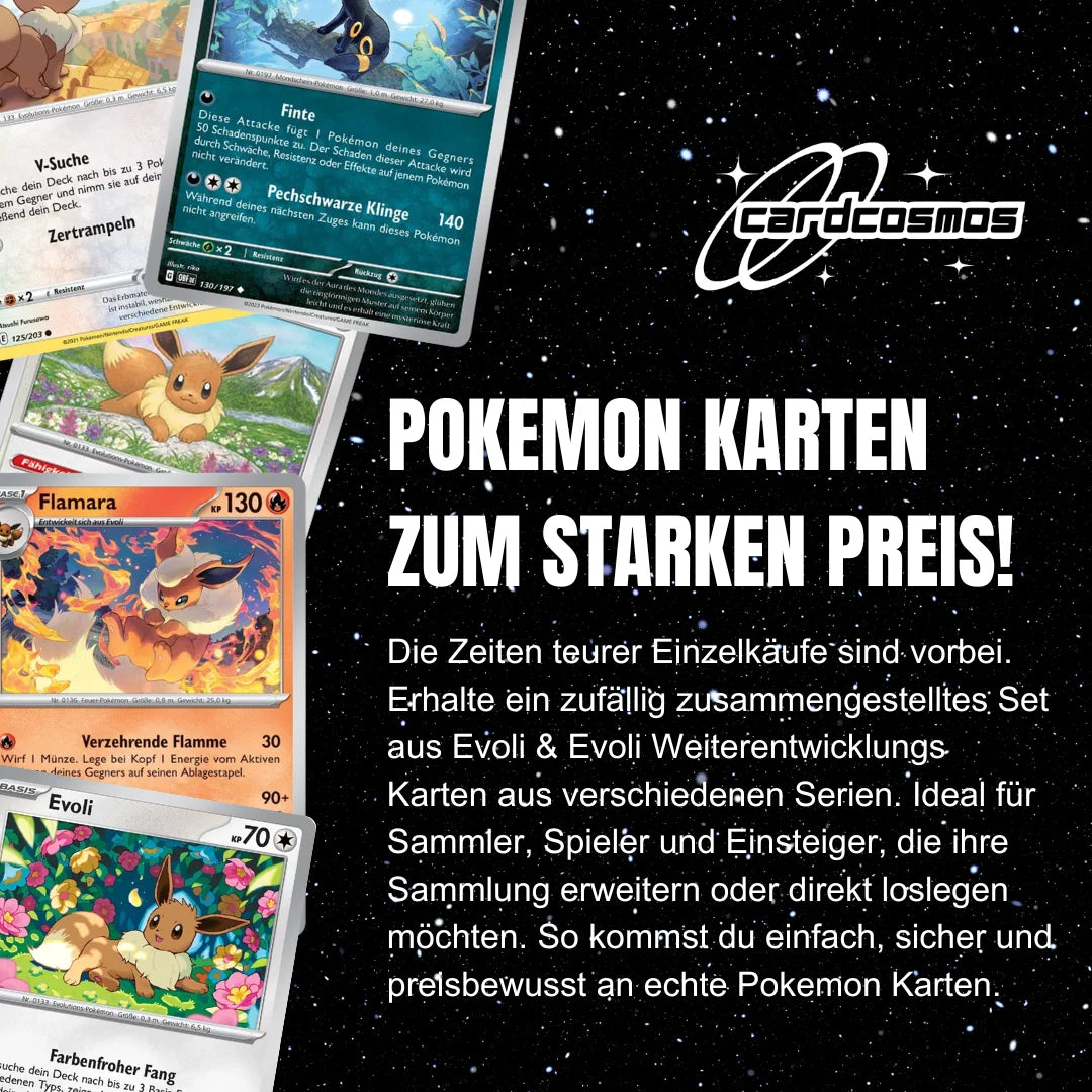 Pokémon Karten Set Deutsch – 5 Karten Evoli/Eevee & Entwicklungen – Zufällig zusammengestellt