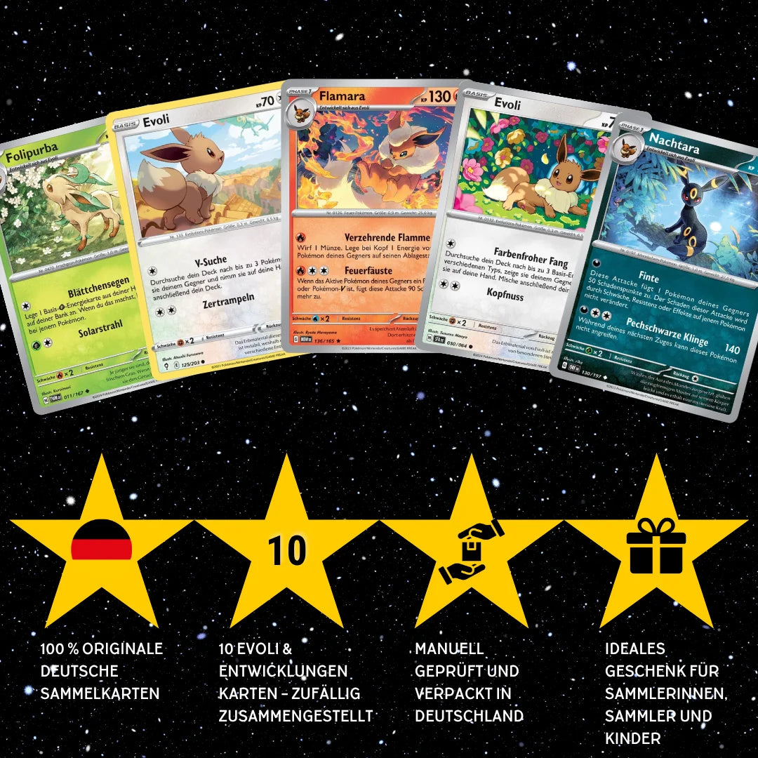 Pokémon Card Set German – 10 Eevee/Eevee & Evolutions Cards – Randomly Assembled