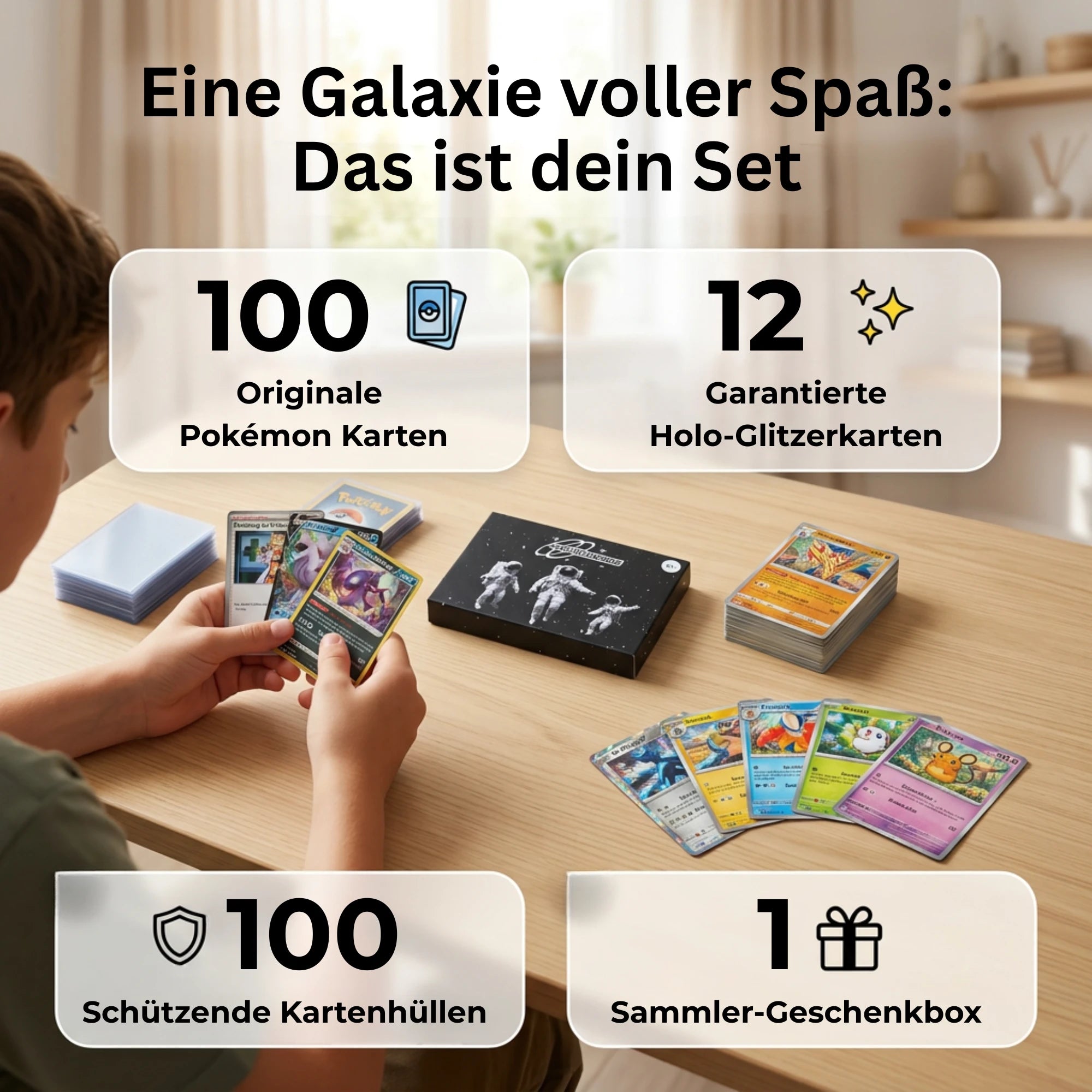 Pokémon Karten Set Englisch – 100 Karten inkl. 12 Holo + 100 Kartenhüllen