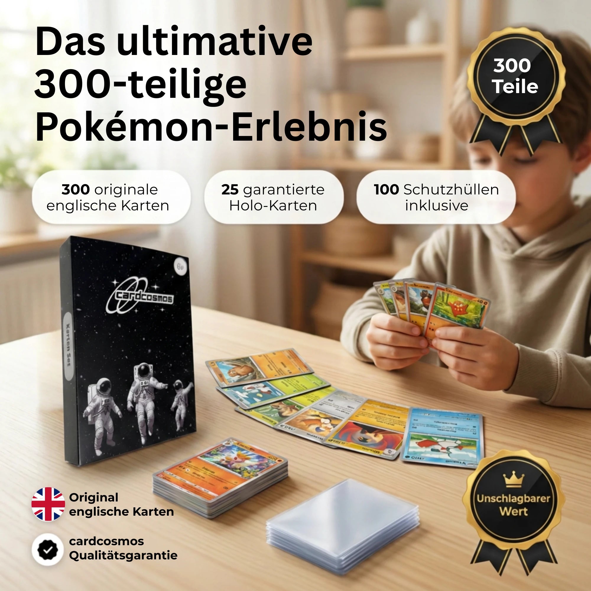 Pokémon Karten Set Englisch – 200 Karten inkl. 25 Holo + 100 Kartenhüllen