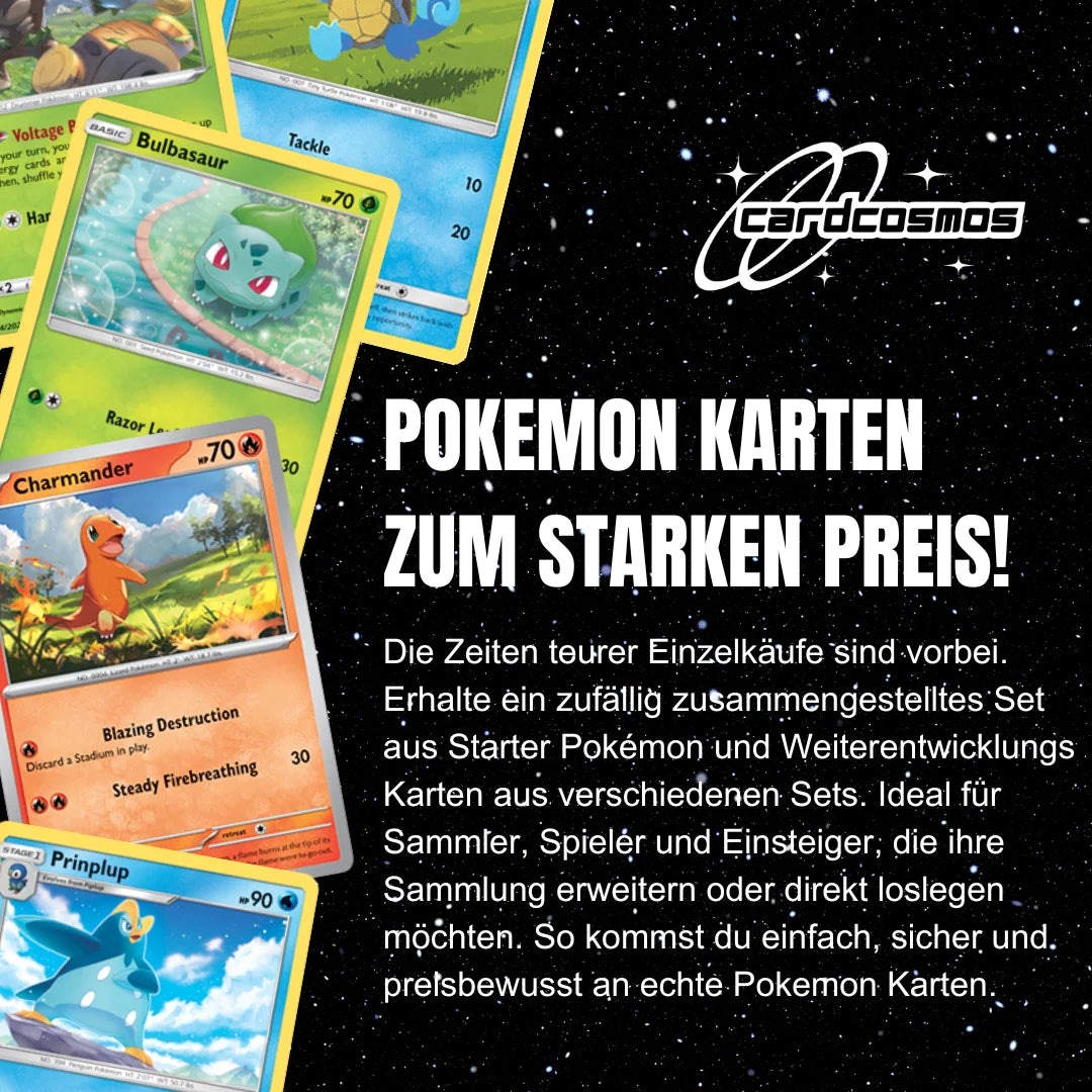 Pokémon Karten Set Englisch – 20 Karten Starter Pokémon & Entwicklungen – Zufällig zusammengestellt