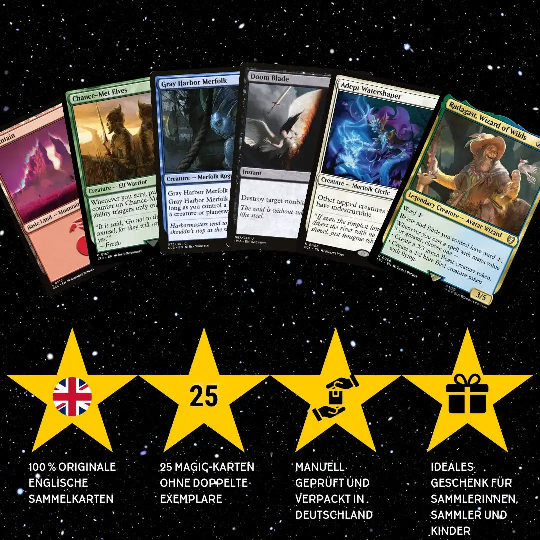 Magic: The Gathering Karten Set Englisch – 25 Karten inkl. 2 Rares + 100 Kartenhüllen