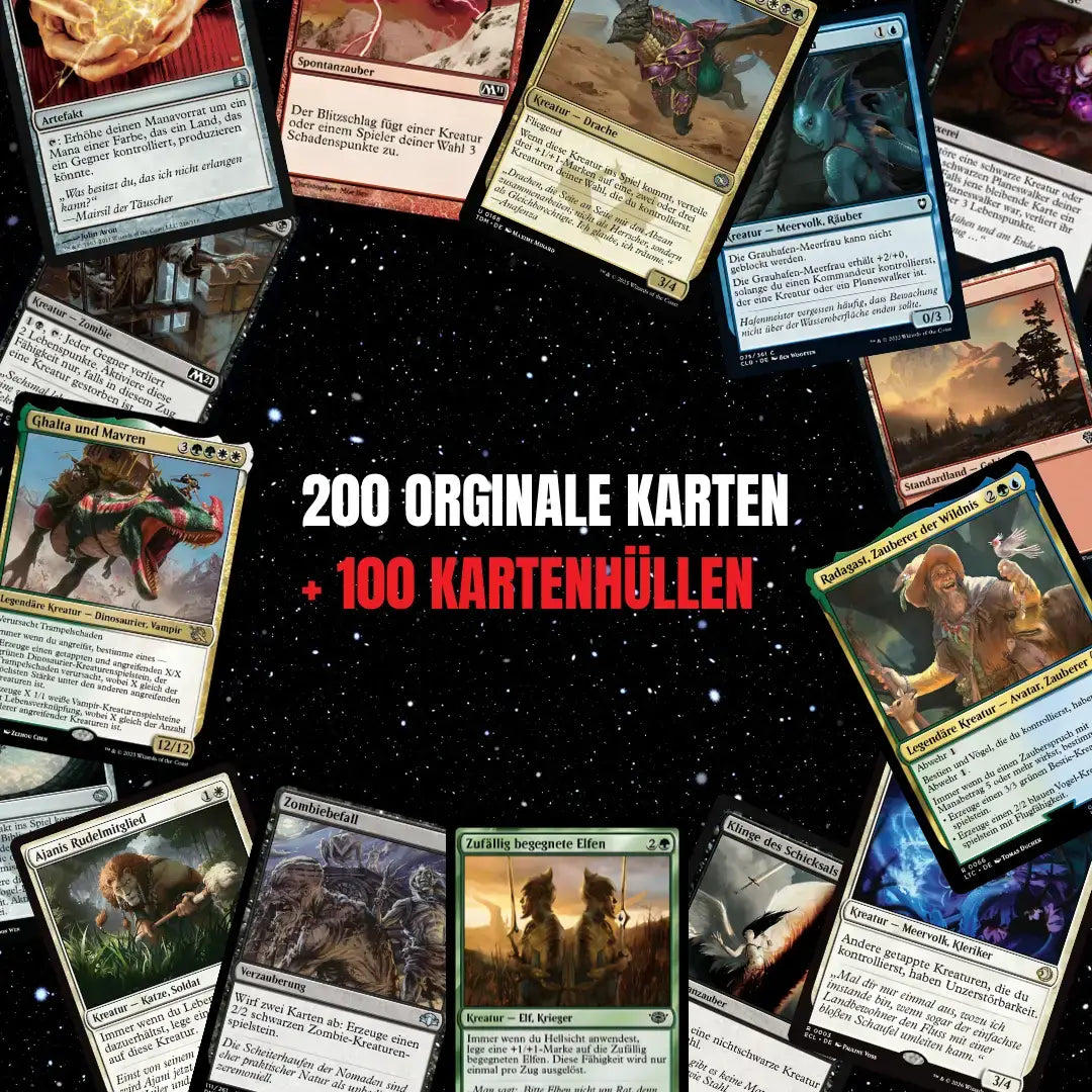 Magic: The Gathering Karten Set Deutsch – 200 Karten inkl. 16 Rares & 4 Foils + 100 Kartenhüllen