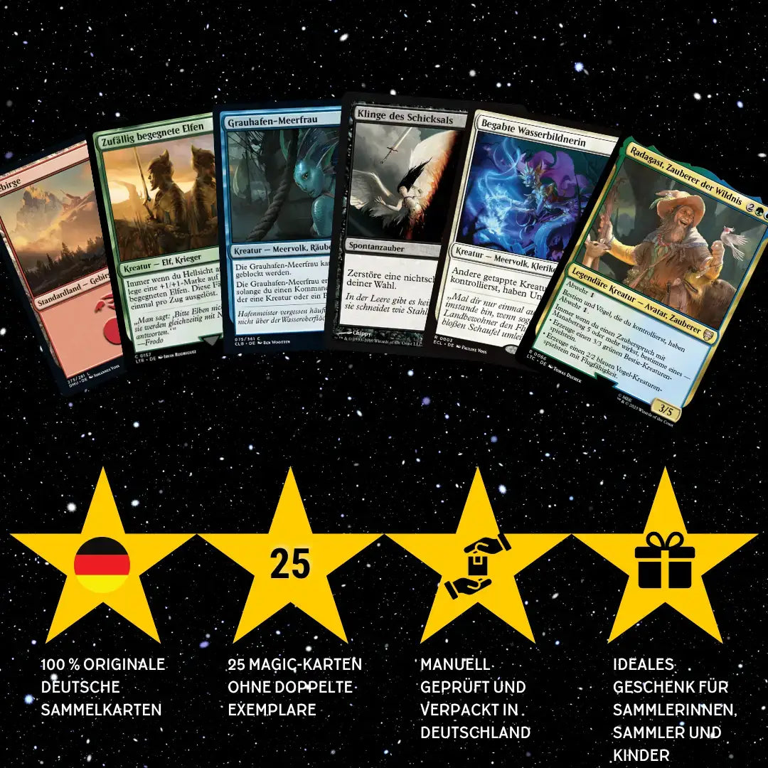 Magic: The Gathering Karten Set Deutsch – 25 Karten inkl. 2 Rares + 100 Kartenhüllen