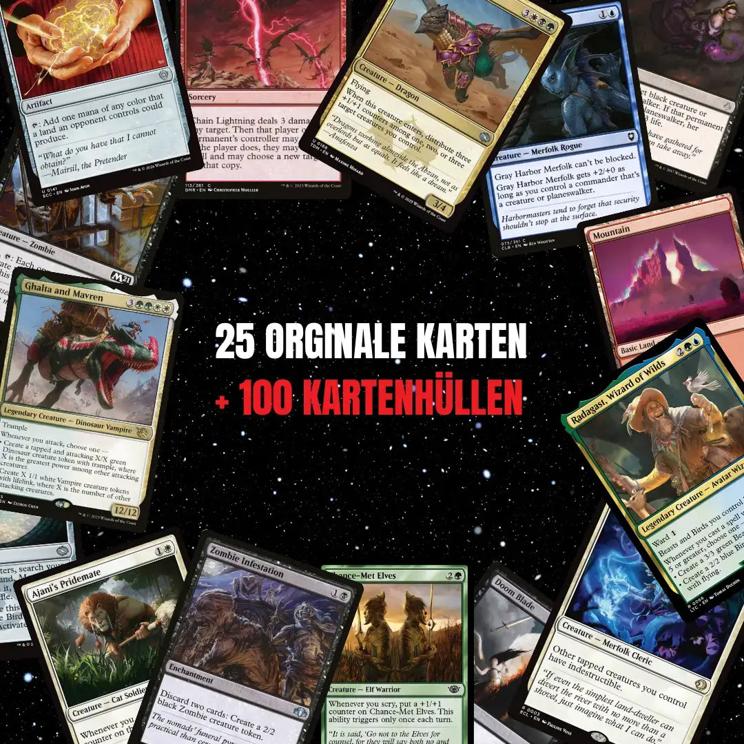Magic: The Gathering Karten Set Englisch – 25 Karten inkl. 2 Rares + 100 Kartenhüllen
