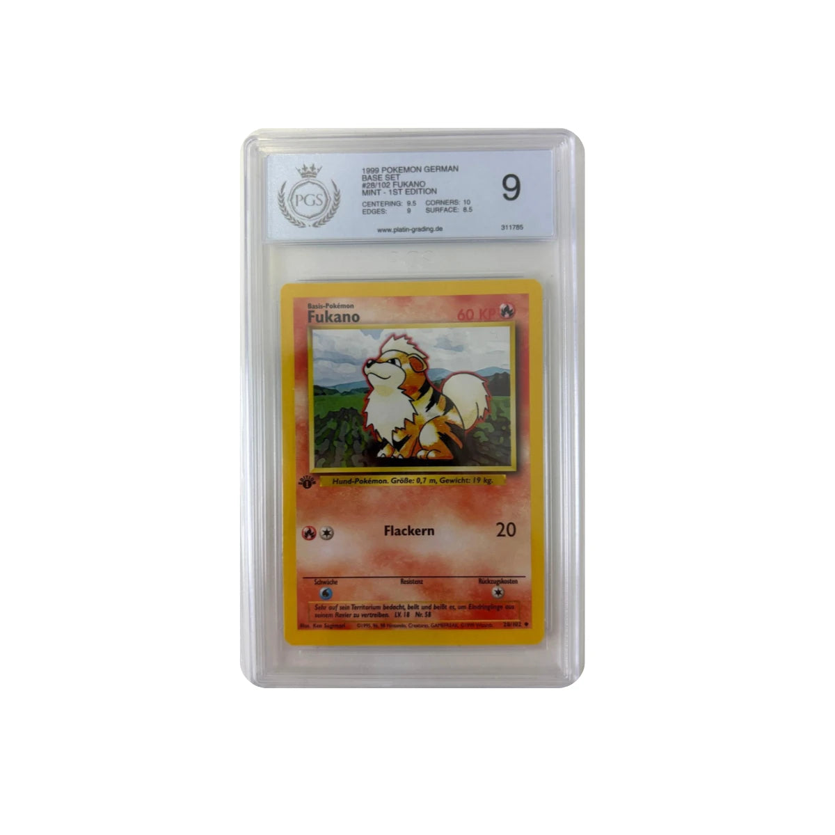 Pokémon - Growlithe #28/102 1st Edition (Basis-Set) – Platin Grading 9 Mint