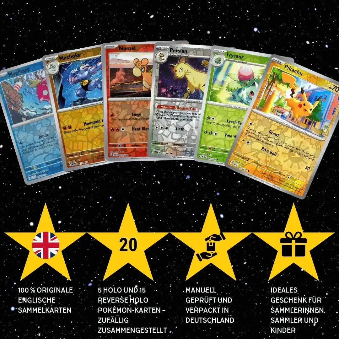 Pokémon Holo Karten Set Englisch – 20 Holo & Reverse Holo Karten + 100 Kartenhüllen